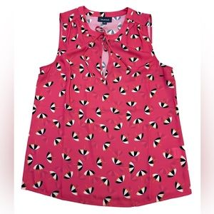 Modcloth bright pink umbrella print tie neck sleeveless blouse size M office …